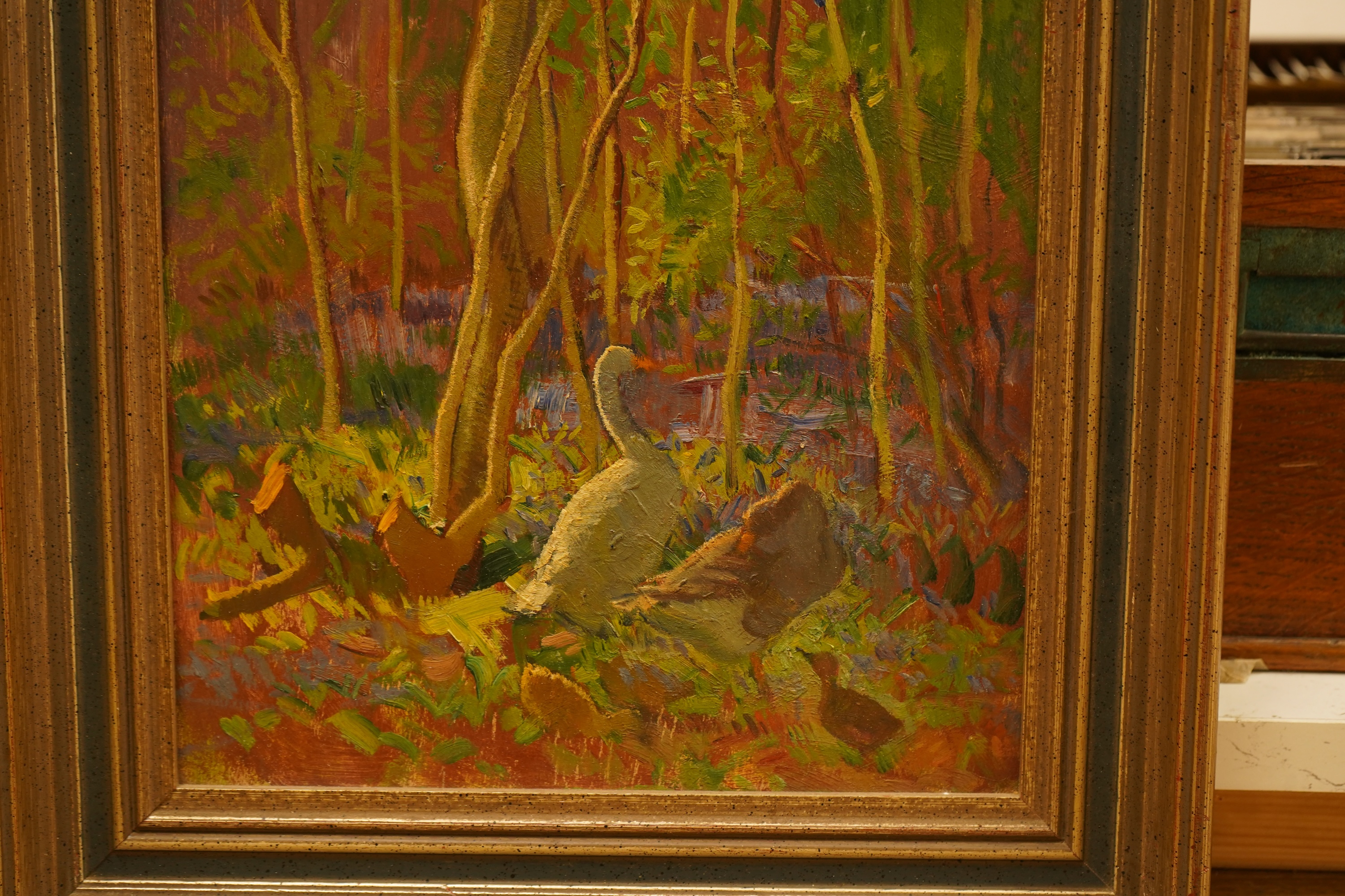20th century School, Study of geese before trees, unsigned, oil on board, 34 x 23cm